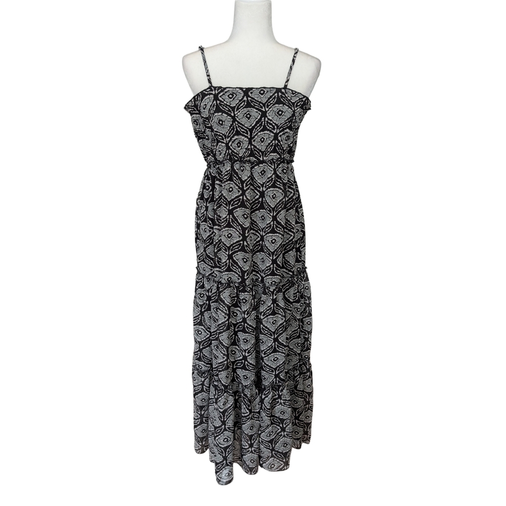 Mix Nouveau Black White Sheer Smocked Bodice Patterned Maxi Dress Size Medium
